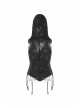 V-Neck Sagging Braided Belt Metal Pendant Hem Black Gothic Hooded Lace T-Shirt
