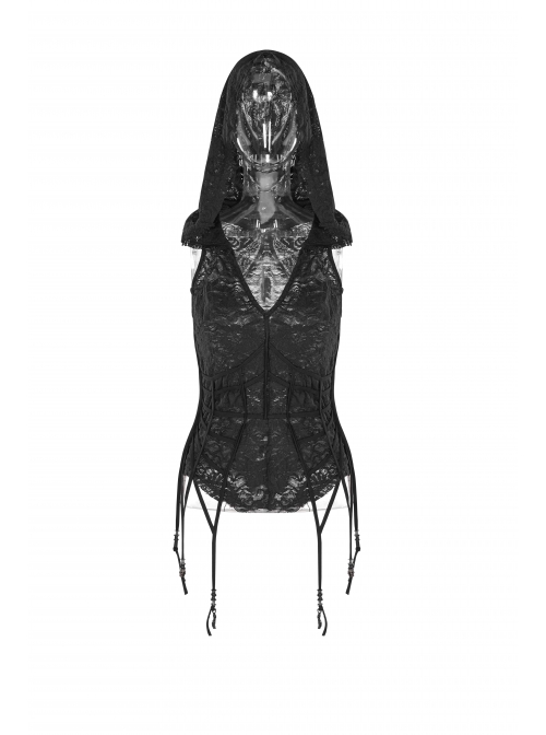 V-Neck Sagging Braided Belt Metal Pendant Hem Black Gothic Hooded Lace T-Shirt