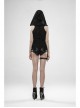 V-Neck Sagging Braided Belt Metal Pendant Hem Black Gothic Hooded Lace T-Shirt