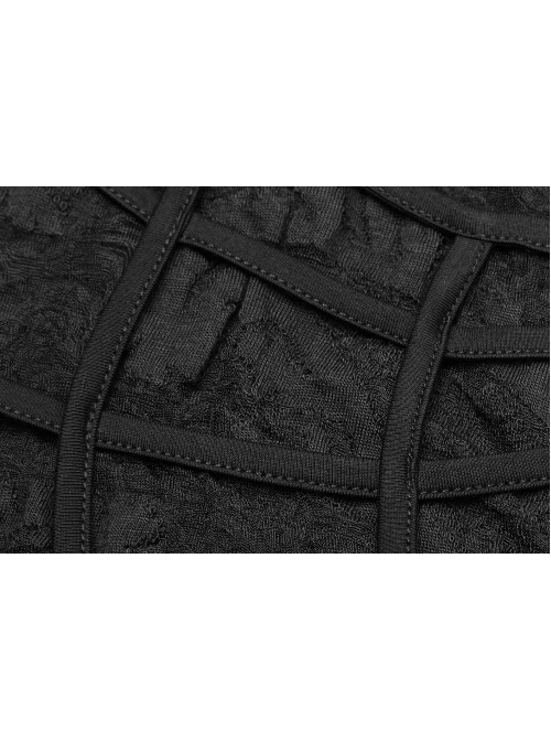 V-Neck Sagging Braided Belt Metal Pendant Hem Black Gothic Hooded Lace T-Shirt