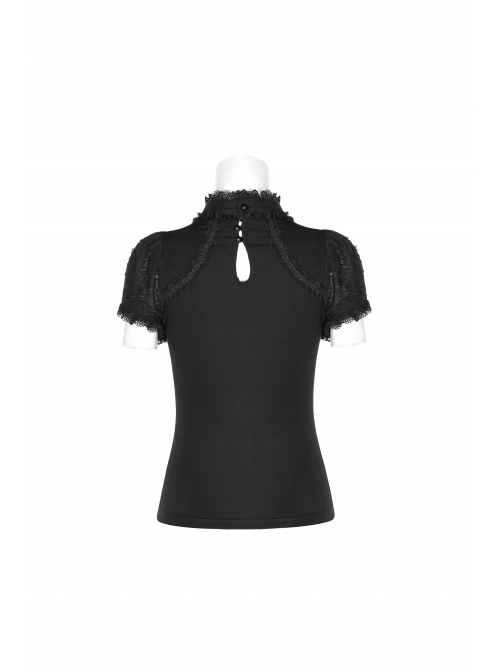 Black Lolita Embroidery Lace Stand-Up Collar Small Bubble Sleeve Gothic Tight T-Shirt