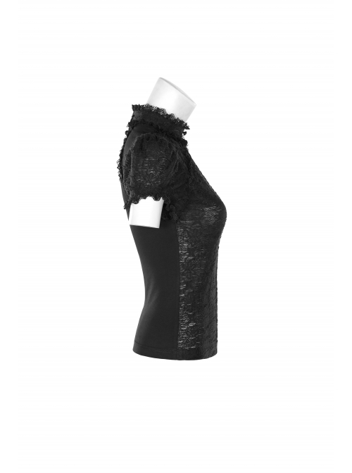 Black Lolita Embroidery Lace Stand-Up Collar Small Bubble Sleeve Gothic Tight T-Shirt