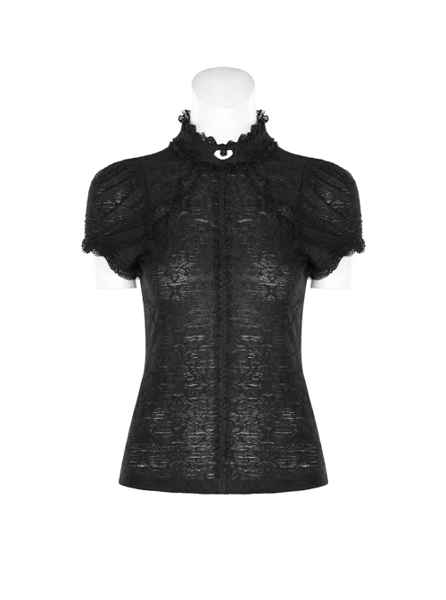 Black Lolita Embroidery Lace Stand-Up Collar Small Bubble Sleeve Gothic Tight T-Shirt