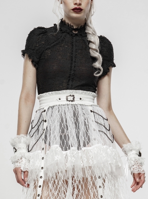 Black Lolita Embroidery Lace Stand-Up Collar Small Bubble Sleeve Gothic Tight T-Shirt
