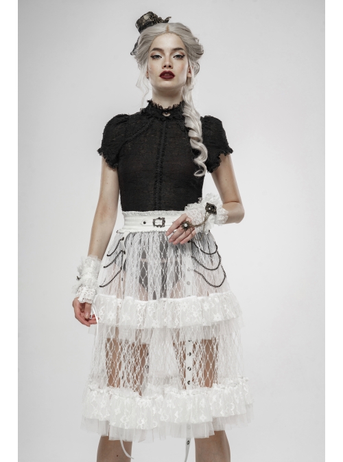 Black Lolita Embroidery Lace Stand-Up Collar Small Bubble Sleeve Gothic Tight T-Shirt