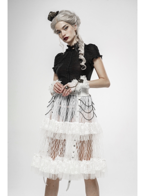 Black Lolita Embroidery Lace Stand-Up Collar Small Bubble Sleeve Gothic Tight T-Shirt