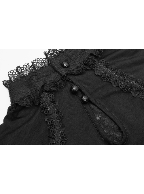 Black Lolita Embroidery Lace Stand-Up Collar Small Bubble Sleeve Gothic Tight T-Shirt