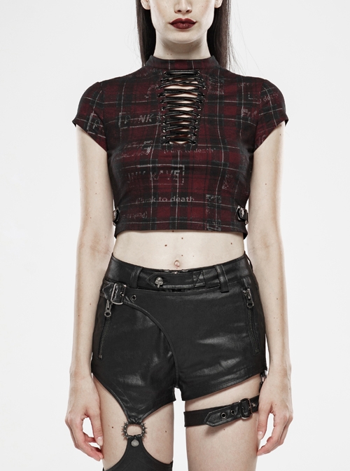 High Collar Front Chest Hollow-Out Lace-Up Short Sleeve Side Leather Hasp Wine Red Printed Plaid Punk Short T-Shirt