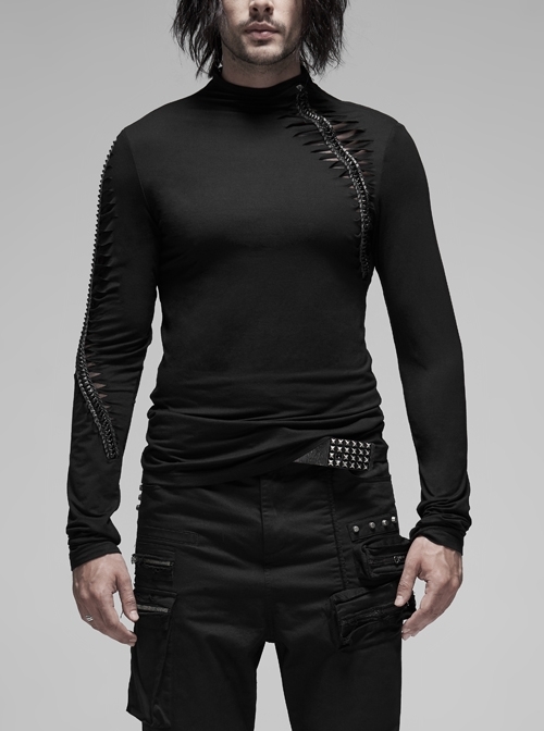 High Collar Metal Zipper Keel Decoration Long Sleeve Black Punk T-Shirt