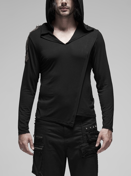 V-Neck Right Shoulder Metal Hand-Beaded Epaulettes Long Sleeve Irregular Seam Black Punk Hooded T-Shirt