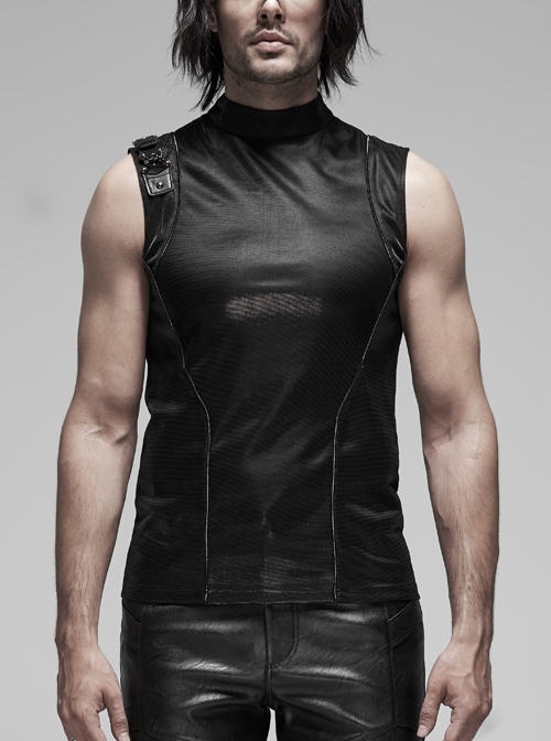 Small Stand-Up Collar Right Shoulder Metal Hasp Black Punk Imitation Leather Sleeveless Tight T-Shirt