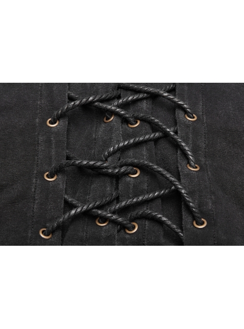 Leather Hasp Collar Front Cross-Threading Lace-Up Long Sleeve Black Punk Knit T-Shirt