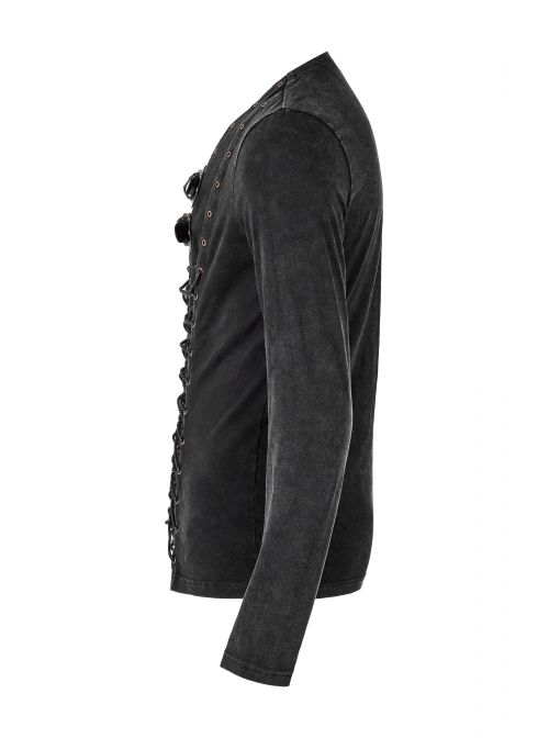Leather Hasp Collar Front Cross-Threading Lace-Up Long Sleeve Black Punk Knit T-Shirt