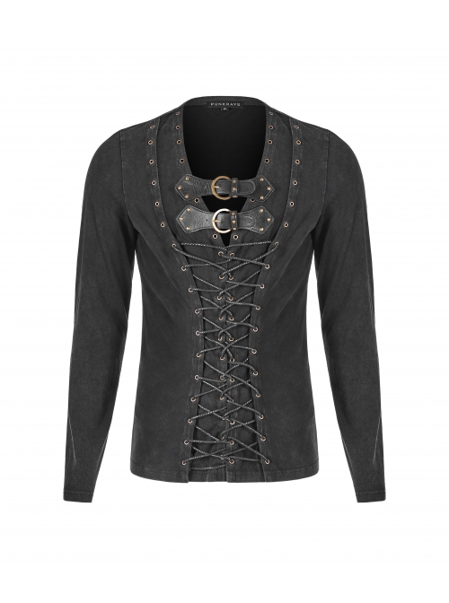Leather Hasp Collar Front Cross-Threading Lace-Up Long Sleeve Black Punk Knit T-Shirt
