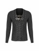 Leather Hasp Collar Front Cross-Threading Lace-Up Long Sleeve Black Punk Knit T-Shirt