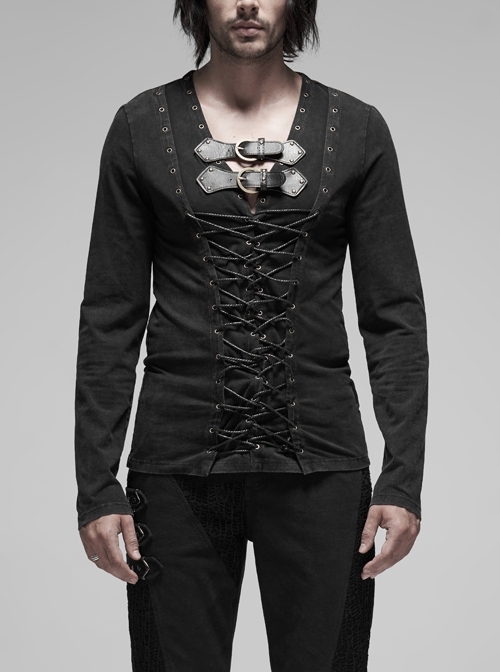 Leather Hasp Collar Front Cross-Threading Lace-Up Long Sleeve Black Punk Knit T-Shirt
