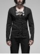Leather Hasp Collar Front Cross-Threading Lace-Up Long Sleeve Black Punk Knit T-Shirt