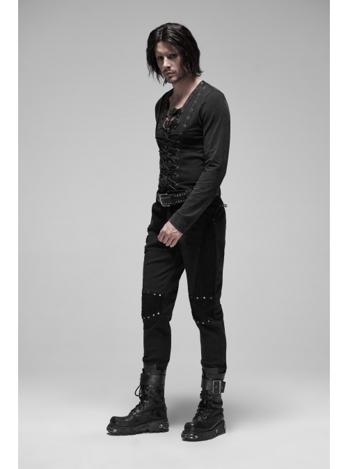 Leather Hasp Collar Front Cross-Threading Lace-Up Long Sleeve Black Punk Knit T-Shirt