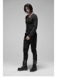 Leather Hasp Collar Front Cross-Threading Lace-Up Long Sleeve Black Punk Knit T-Shirt