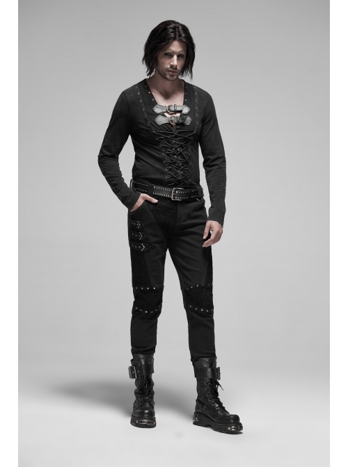 Leather Hasp Collar Front Cross-Threading Lace-Up Long Sleeve Black Punk Knit T-Shirt