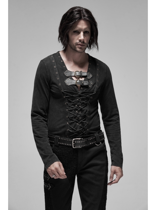 Leather Hasp Collar Front Cross-Threading Lace-Up Long Sleeve Black Punk Knit T-Shirt