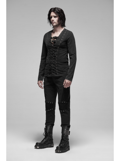 Leather Hasp Collar Front Cross-Threading Lace-Up Long Sleeve Black Punk Knit T-Shirt