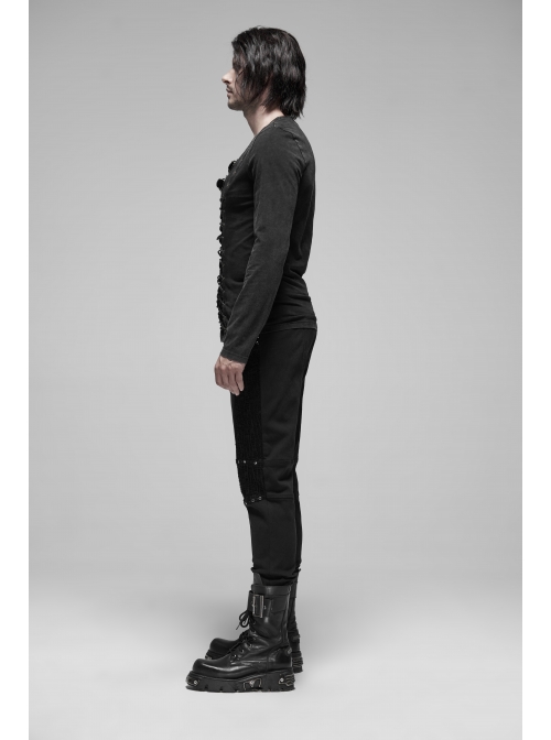 Leather Hasp Collar Front Cross-Threading Lace-Up Long Sleeve Black Punk Knit T-Shirt
