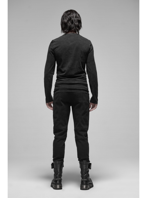 Leather Hasp Collar Front Cross-Threading Lace-Up Long Sleeve Black Punk Knit T-Shirt