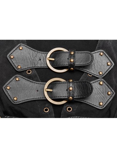 Leather Hasp Collar Front Cross-Threading Lace-Up Long Sleeve Black Punk Knit T-Shirt