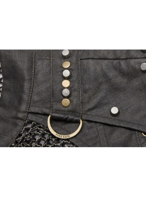 Small High Collar Shoulder Metal D-Buckle Rivet Decoration Black Punk Woven Mesh Vest