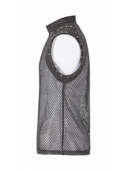 Small High Collar Shoulder Metal D-Buckle Rivet Decoration Black Punk Woven Mesh Vest