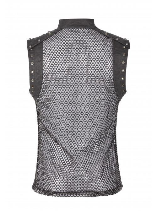 Small High Collar Shoulder Metal D-Buckle Rivet Decoration Black Punk Woven Mesh Vest