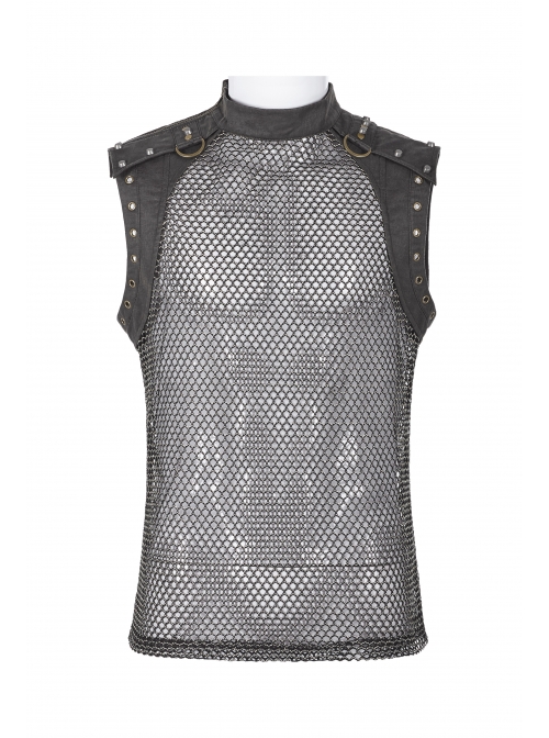 Small High Collar Shoulder Metal D-Buckle Rivet Decoration Black Punk Woven Mesh Vest