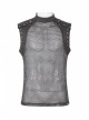 Small High Collar Shoulder Metal D-Buckle Rivet Decoration Black Punk Woven Mesh Vest