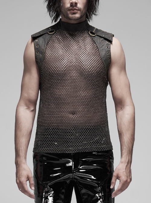 Small High Collar Shoulder Metal D-Buckle Rivet Decoration Black Punk Woven Mesh Vest