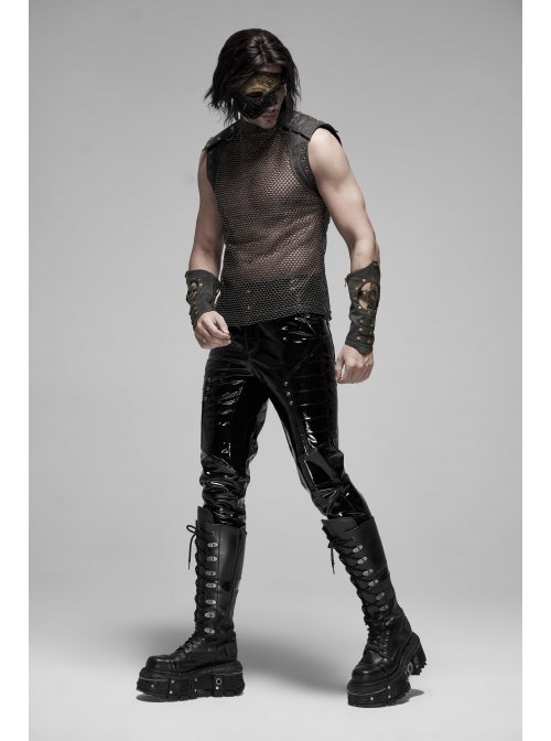 Small High Collar Shoulder Metal D-Buckle Rivet Decoration Black Punk Woven Mesh Vest