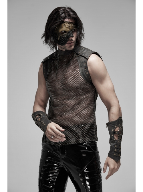 Small High Collar Shoulder Metal D-Buckle Rivet Decoration Black Punk Woven Mesh Vest