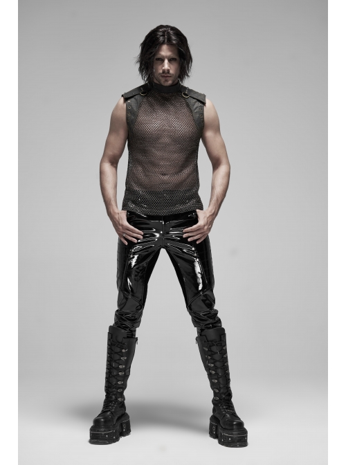 Small High Collar Shoulder Metal D-Buckle Rivet Decoration Black Punk Woven Mesh Vest