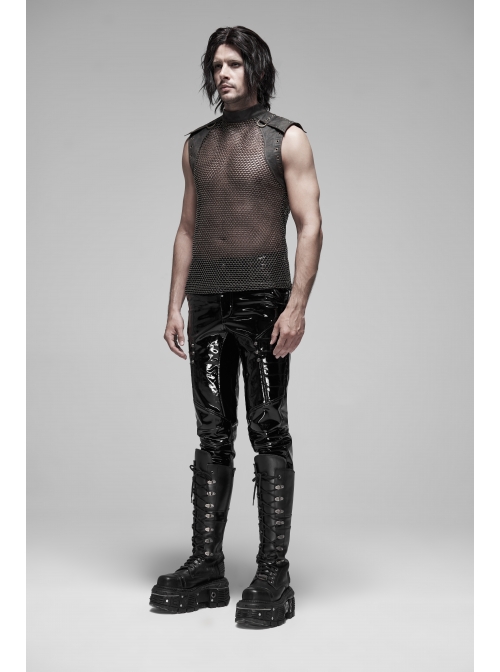 Small High Collar Shoulder Metal D-Buckle Rivet Decoration Black Punk Woven Mesh Vest