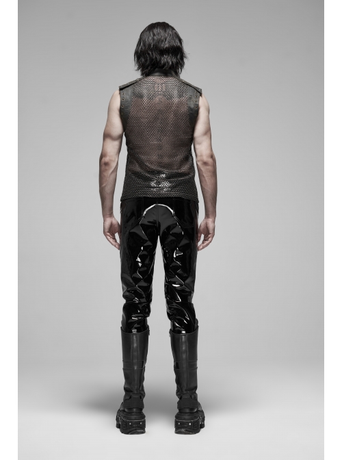 Small High Collar Shoulder Metal D-Buckle Rivet Decoration Black Punk Woven Mesh Vest