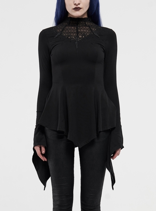 Embroidery High Collar Flare Sleeve A-Shape Frill Hem Black Gothic Knit T-Shirt