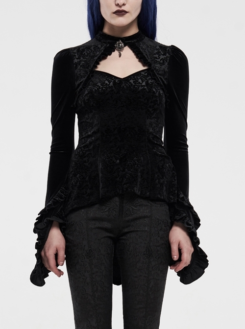 Front Chest Hollow-Out Flare Sleeve Double Stringy Selvage Cuff Back Waist Lace-Up Black Gothic Velvet Shadow Flower Blouse