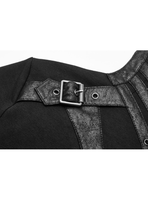High Collar Front Chest Leather Hasp Metal Eyelets Lace-Up Long Sleeve Black Punk T-Shirt