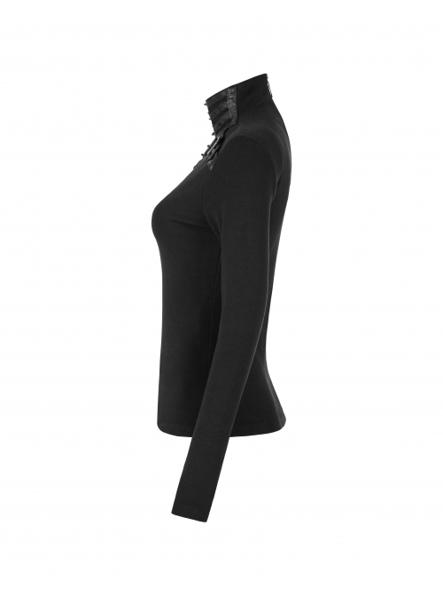 High Collar Front Chest Leather Hasp Metal Eyelets Lace-Up Long Sleeve Black Punk T-Shirt