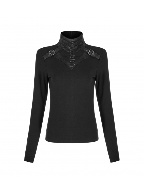 High Collar Front Chest Leather Hasp Metal Eyelets Lace-Up Long Sleeve Black Punk T-Shirt