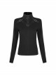 High Collar Front Chest Leather Hasp Metal Eyelets Lace-Up Long Sleeve Black Punk T-Shirt