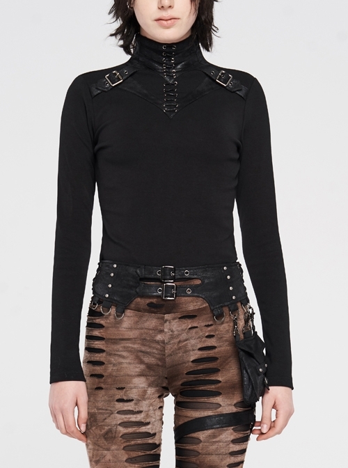 High Collar Front Chest Leather Hasp Metal Eyelets Lace-Up Long Sleeve Black Punk T-Shirt