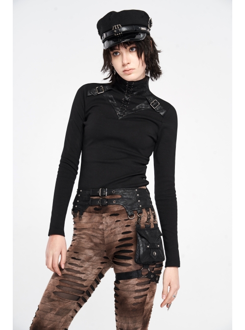 High Collar Front Chest Leather Hasp Metal Eyelets Lace-Up Long Sleeve Black Punk T-Shirt