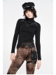 High Collar Front Chest Leather Hasp Metal Eyelets Lace-Up Long Sleeve Black Punk T-Shirt