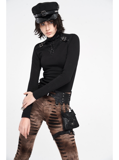 High Collar Front Chest Leather Hasp Metal Eyelets Lace-Up Long Sleeve Black Punk T-Shirt